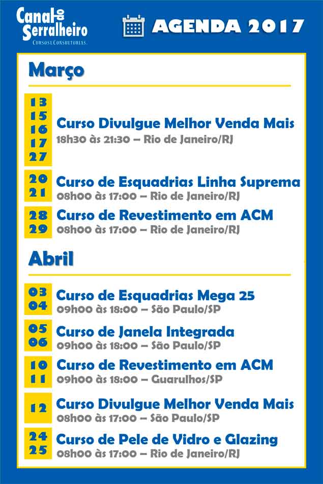 Agenda de Cursos Canal do Serralheiro - Março e Abril de 2017